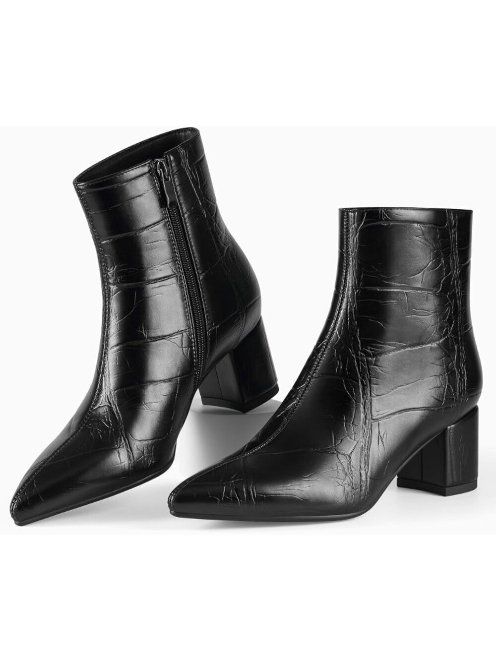 Women's Black Stoned Ankle Boots Pointed Toe Chunky Block Low Heeled Short Boots